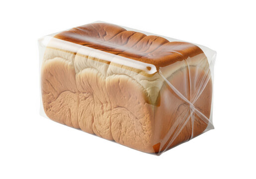 Fresh loaf of brown bread in clear plastic packaging isolated on transparent background