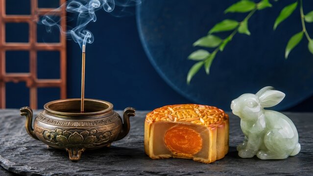 Mid-Autumn Festival still life with gourmet mooncake, jade rabbit figurine, and smoking incense burner on dark slate