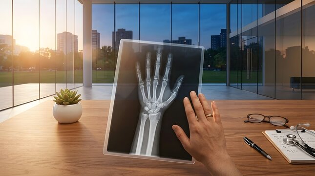 Doctor examining a digital hand x-ray on a transparent tablet in a modern medical office at sunset.