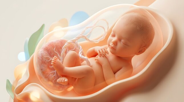 3D medical illustration of a human fetus developing in the womb with umbilical cord and placenta.