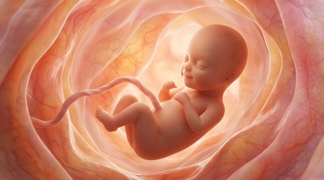 3D medical illustration of a human fetus developing inside the womb with an umbilical cord.