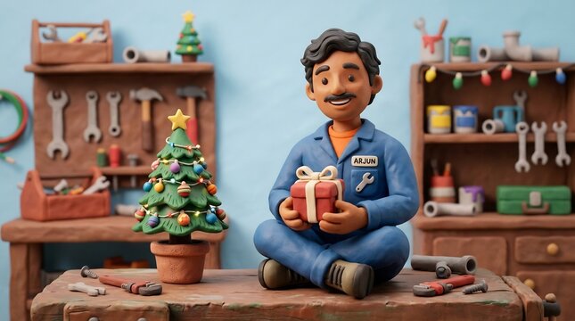 Claymation mechanic Arjun sitting cross-legged on a workbench holding a holiday gift next to a decorated Christmas tree in a tool workshop, festive worker appreciation theme.