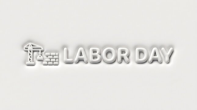 Minimalist Labor Day 3D text with construction crane and brick icons, neomorphic white-on-white graphic for professional holiday branding and industrial themes.