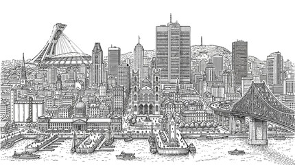 Obraz premium Montreal Skyline Panorama Illustration. Iconic Landmarks, Urban Landscape, Black and White Drawing.