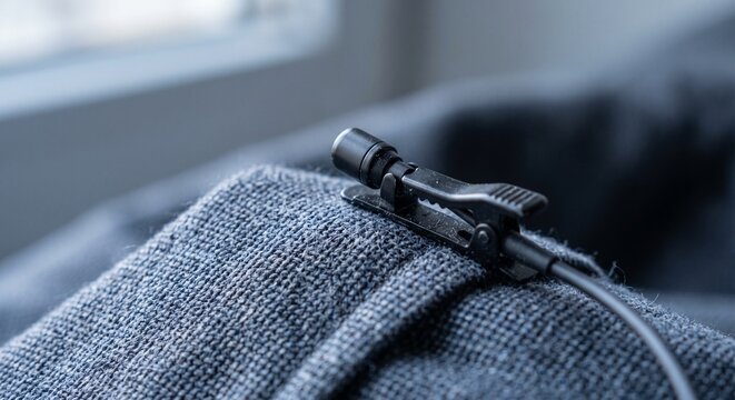 Lavalier microphone clipped to fabric