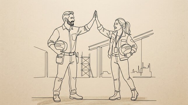 Construction workers high-five on site, diverse labor team celebrating success, minimalist line art of male and female engineers, workplace safety and collaboration.