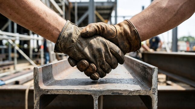 Construction workers shaking hands in worn leather gloves over a steel beam; industrial partnership and blue-collar teamwork agreement on a building site.