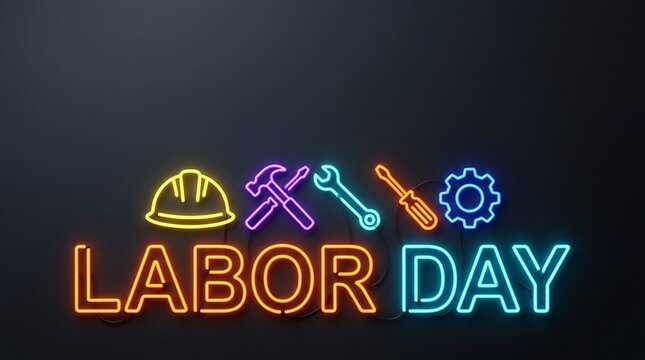 Labor Day neon sign glowing with tool icons, festive industrial holiday graphic, workforce appreciation, construction and trade celebration.
