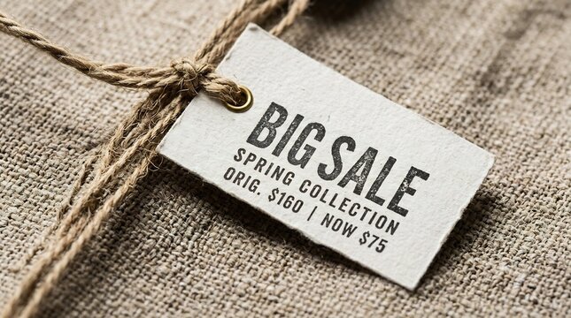 Big Sale price tag for Spring Collection on rustic burlap fabric, retail discount label with twine, artisanal boutique shopping concept, promotional offer for fashion industry.