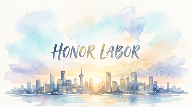 Watercolor city skyline with "HONOR LABOR" text and gear icons, celebrating Labor Day, industry, and employee appreciation in an artistic sunset setting.