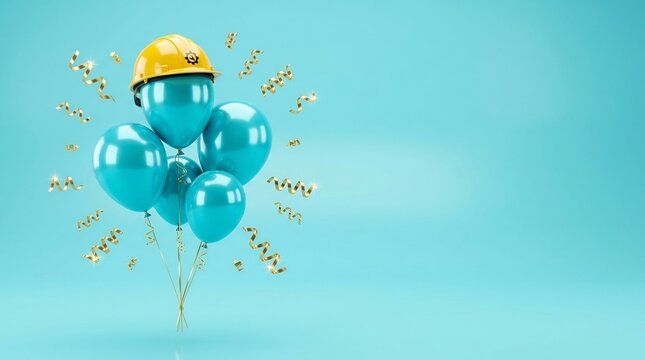 Teal balloons wearing yellow hard hat with gold confetti for construction celebrations, Labor Day, and safety milestones.
