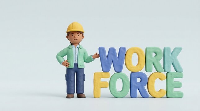 3D stylized worker character with colorful clay WORKFORCE letters, depicting recruitment, human resources, and industrial labor concepts.