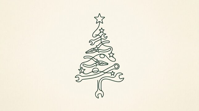 Minimalist Christmas tree line art created with wrenches, pliers, and stars. Festive industrial design for labor, construction, and trade services.