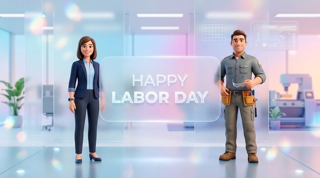 Diverse 3D worker characters celebrating Happy Labor Day in modern office, representing professional and trade careers, inclusive labor holiday greeting graphic.