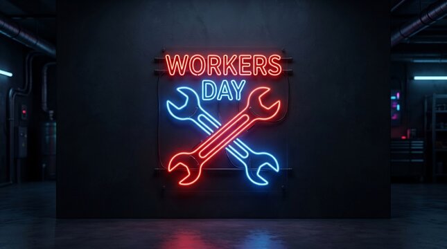 Workers Day neon sign featuring crossed wrenches on a dark industrial wall, labor day tribute, automotive workshop interior, glowing red and blue lights, manual labor concept.