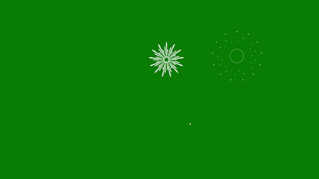 Circular firework line burst animation with glowing geometric white spark trails flat cartoon vector effects, hand drawn doodle shapes, sparkling dust particles, motion graphics, green background 4k