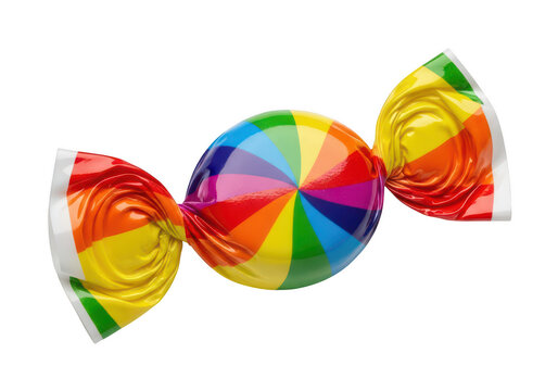 Colorful rainbow candy wrapped in shiny foil isolated on transparent background