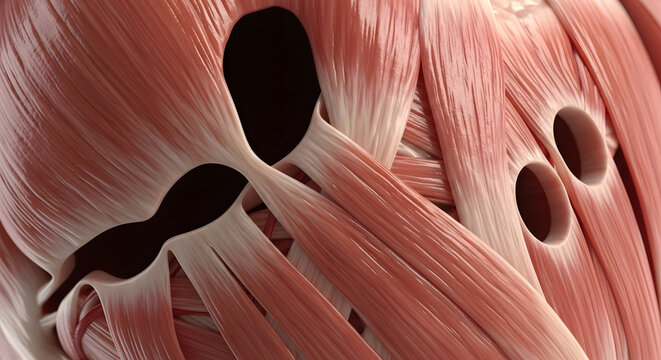 Close-up 3D render of red human muscle fibers and tissue layers with anatomical detail and organic porous textures