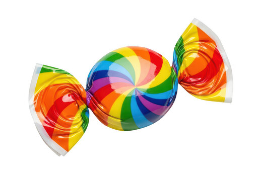 Colorful rainbow candy wrapped in shiny foil isolated on transparent background