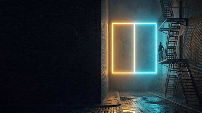 Glowing Neon Portal in Dark Urban Alley