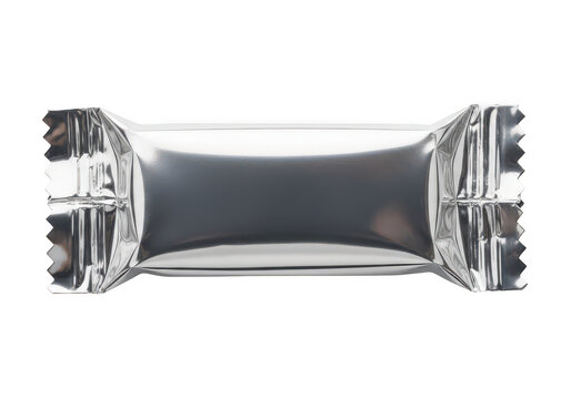 Small chocolate candy bar in a shiny silver plastic wrapper isolated on transparent background