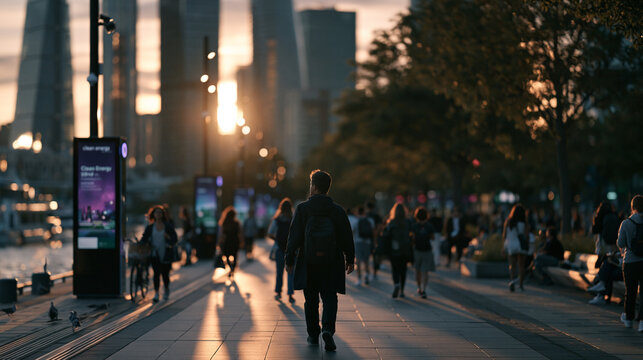 Man Walking on Crowded City Promenade at Sunset