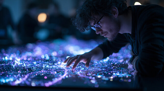 Engineer Interacting with Futuristic Glowing Smart City Map