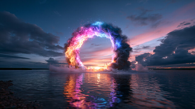 Glowing Sci-Fi Portal Ring Over Water at Sunset