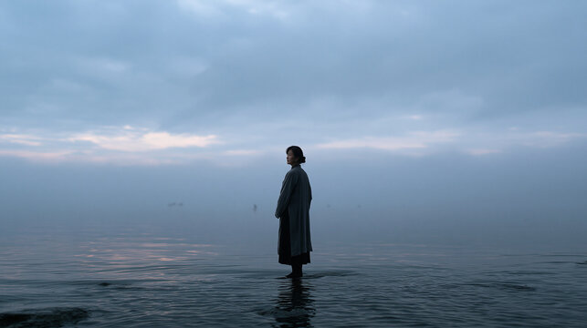 Woman Standing in Foggy Sea Water at Twilight