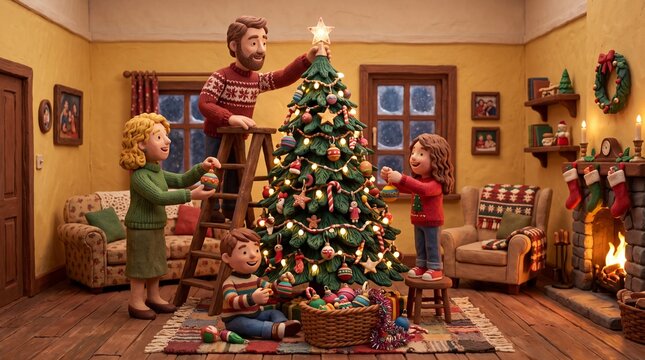 Family Decorating Christmas Tree Together in Cozy Living Room