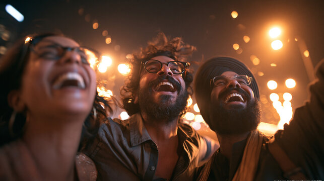 Diverse Friends Laughing and Celebrating Together at Night