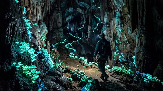 Explorer in Underground Cave with Glowing Bioluminescent Mushrooms