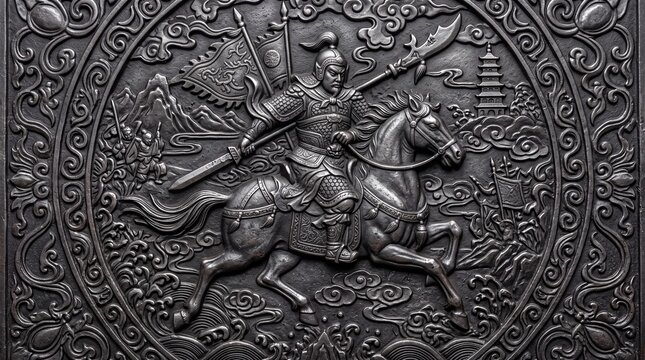Ancient Chinese Warrior on Horseback Metal Relief Sculpture