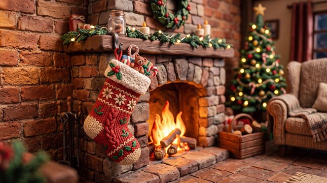 Knitted Christmas Stocking Hanging on Rustic Fireplace Mantel