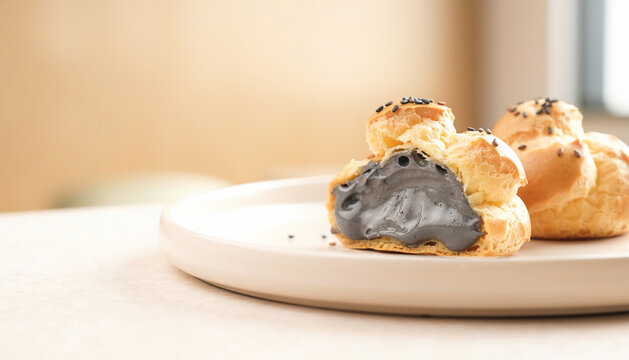 Black Sesame Cream Puff with Rich Charcoal Sesame Filling
