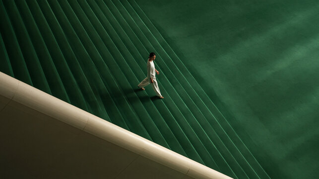 Person Walking Down Modern Green Architectural Steps