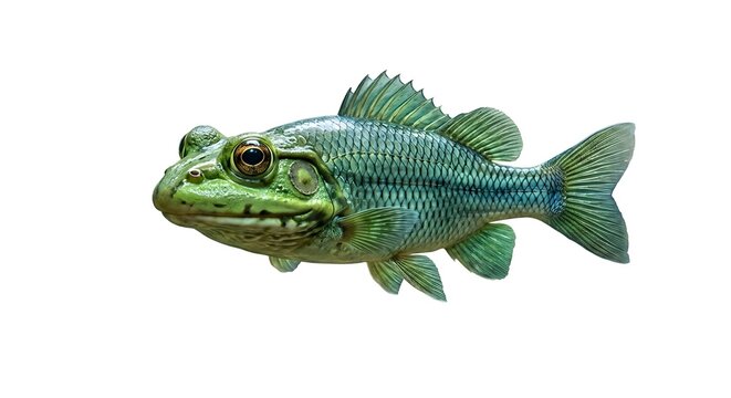 Fantasy hybrid green fish with a frog head isolated on white background digital art illustration