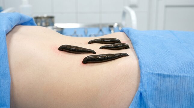 Several medical leeches attached to human skin during a hirudotherapy session
