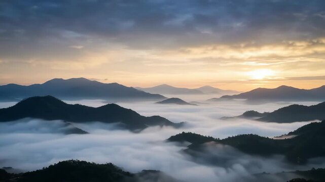 Golden sunrise illuminates misty mountain peaks and rolling clouds