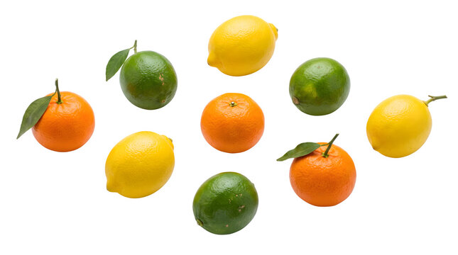 Fresh citrus fruit collection, assorted whole lemons limes and oranges, vibrant organic citrus on white background
