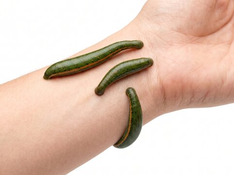 Three medicinal leeches crawling on a human wrist on a white background