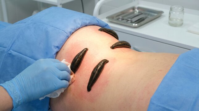 Medicinal Leeches on Patient Back During Therapy