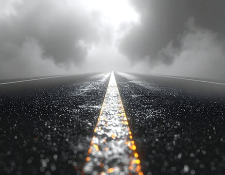 Endless dark asphalt road vanishing into a dense stormy sky with dramatic light breaking through. Ideal for travel, future, and destiny concepts.
