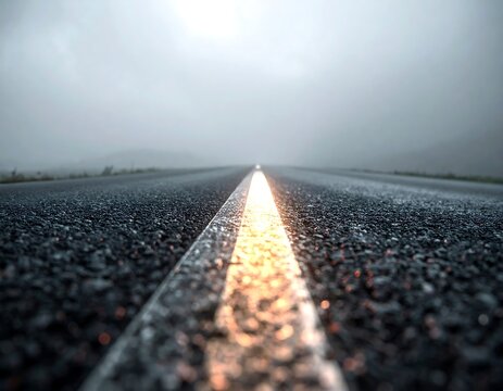 Endless dark asphalt road stretching into a dense foggy horizon with a glowing center line. Ideal for automotive journeys, logistics, and motivational concepts.
