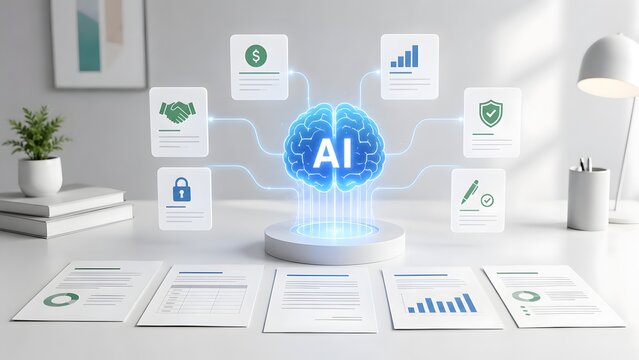 Artificial intelligence automated business strategy concept with glowing brain connecting digital management icons above physical office documents