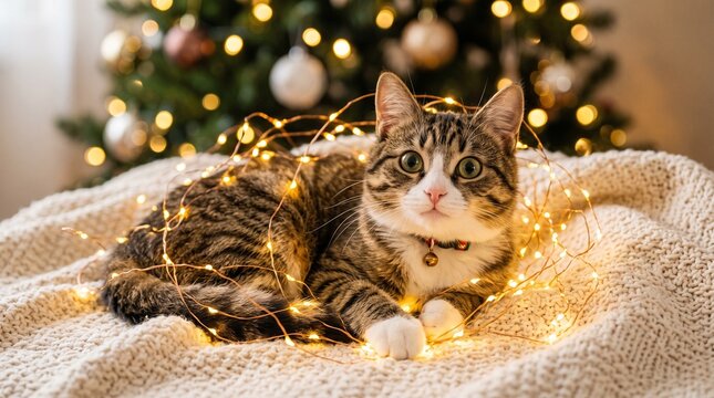 Adorable tabby cat entangled in glowing fairy lights with a festive Christmas tree in the background
