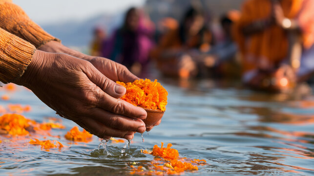 Close-up of hands immersing cremation ashes and marigold flowers into a sacred river during Hindu last rites, grieving relatives and a priest softly blurred in the background perfo
