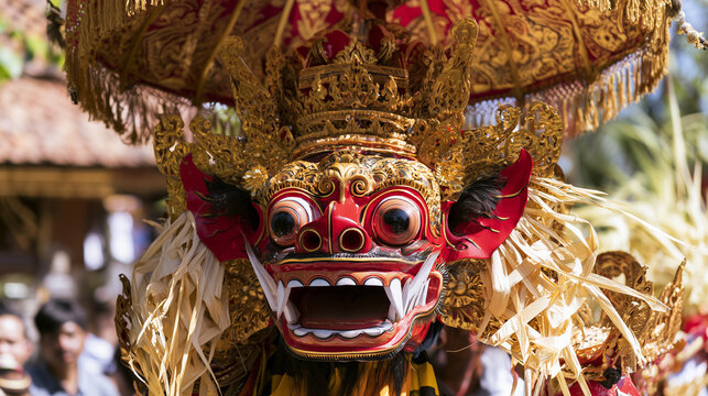 Close-up of an ornate red and gold ceremonial creature effigy with bulging eyes, sharp teeth, elaborate crown and palm-leaf ornaments beneath a decorated parasol during a tradition
