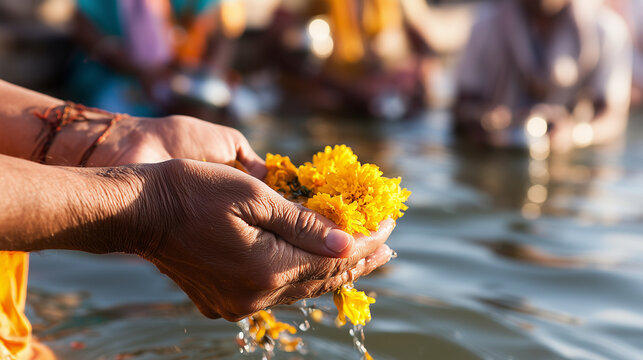 Close-up of hands immersing cremation ashes and marigold flowers into a sacred river during Hindu last rites, grieving relatives and a priest softly blurred in the background perfo