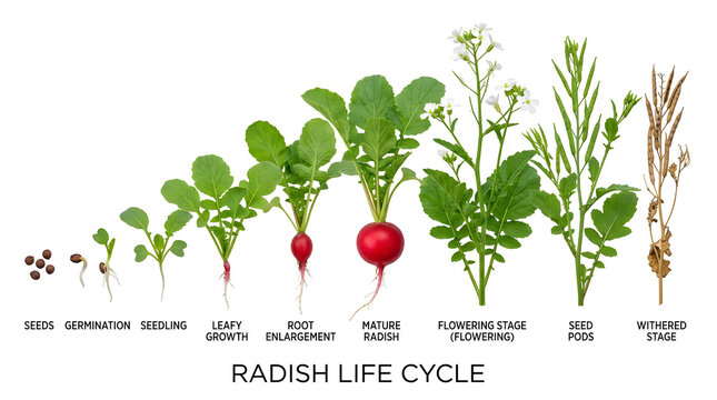 Radish life cycle from seed to withered stage, showing germination, seedling, leafy growth, root enlargement, mature radish, flowering stage, seed pods, and withered plant